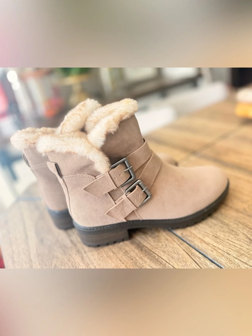Universal Thread tan faux-suede double-buckle moto ankle boots feature a plush